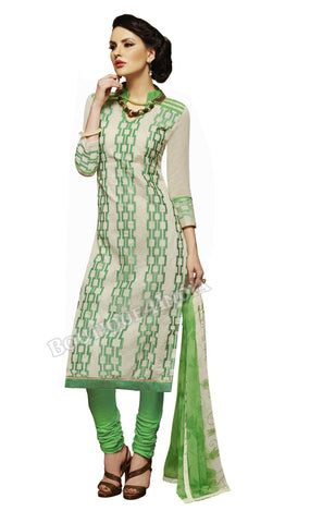 Off white and green Color Chanderi Embroidered Straight Cut Salwar Suit