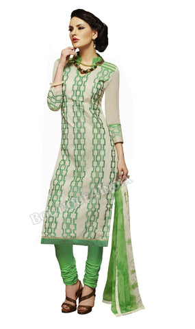Off white and green Color Chanderi Embroidered Straight Cut Salwar Suit