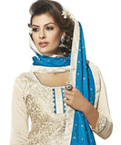 Off white and blue Color Chanderi Embroidered Straight Cut Salwar Suit