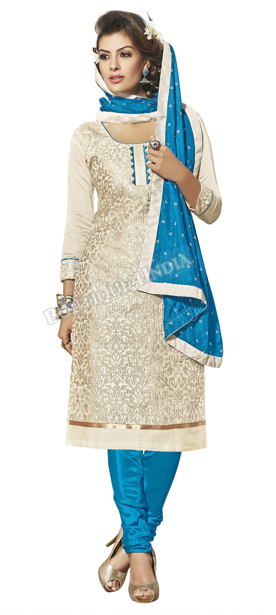 Off white and blue Color Chanderi Embroidered Straight Cut Salwar Suit