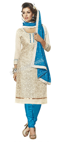 Off white and blue Color Chanderi Embroidered Straight Cut Salwar Suit