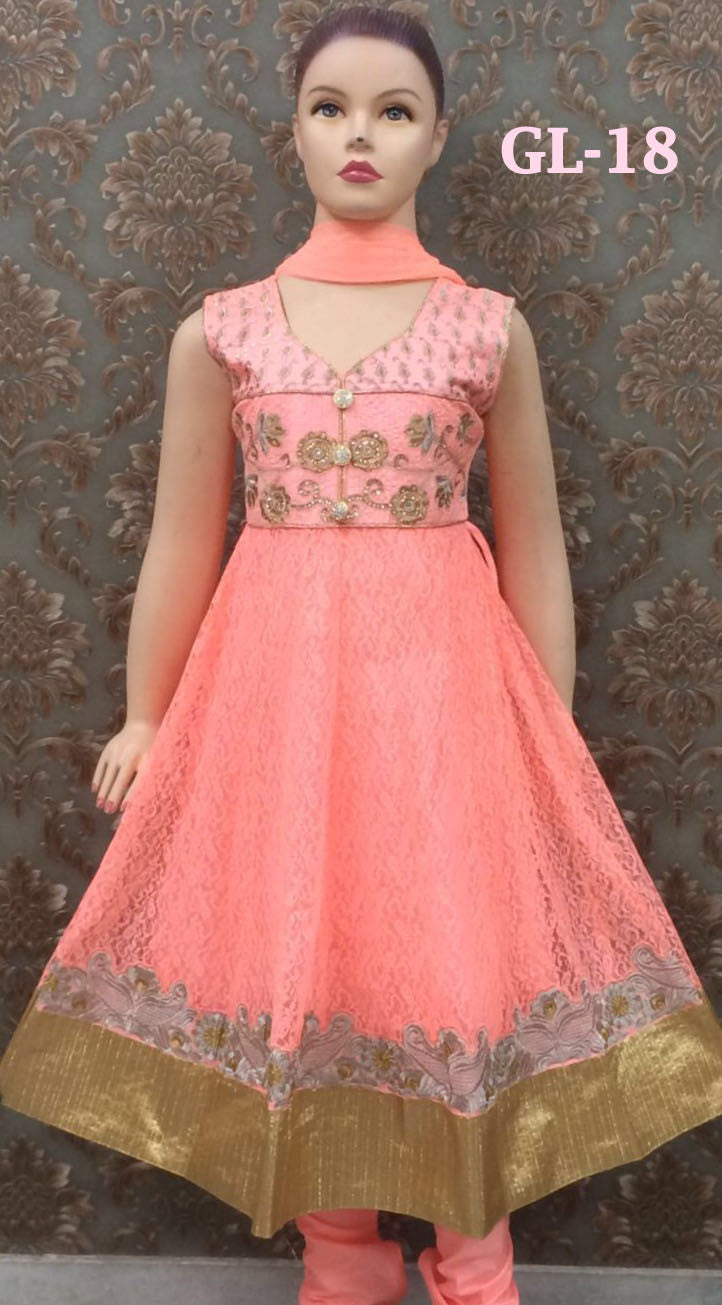 Girl's - Peach/ Orange And Golden Salwar Suit - Gilr's Party And Wedding Collection Salwar Suits For Special Occasions - Boutique4India Inc.