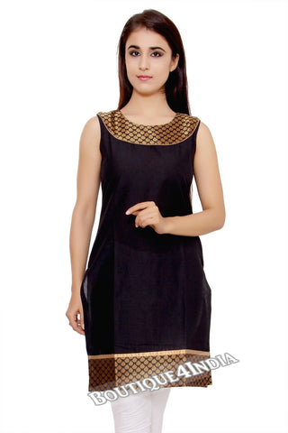 Black Cotton Straight Solid Short Round Neck Kurti
