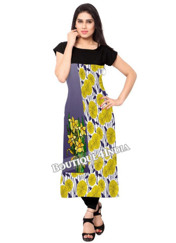 Grey and yellow floral Crepe Casual wear Printed Kurti