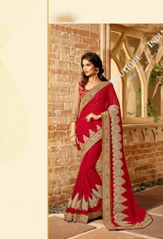 Sarees - Ruby Red/ Maroon And Golden Stunning Bridal Designer Collections - Wedding / Party / Bridal - Boutique4India Inc.