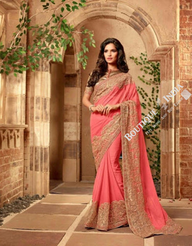 Sarees - Peach/ Pink And Golden Stunning Bridal Designer Collections - Wedding / Party / Bridal - Boutique4India Inc.
