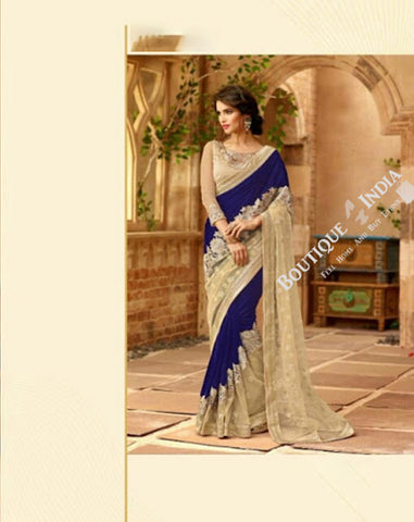 Sarees - Royal Blue And Golden Stunning Bridal Designer Collections - Wedding / Party / Bridal - Boutique4India Inc.