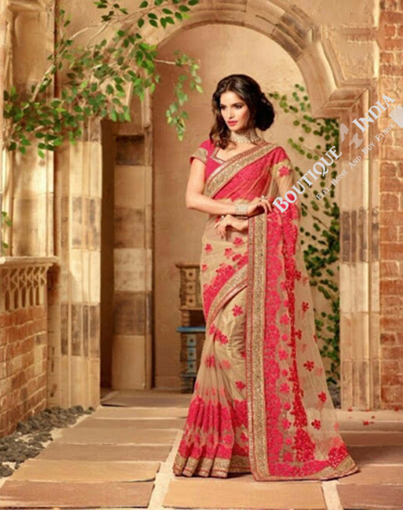 Sarees - Rich Reddish Pink And Golden Stunning Bridal Designer Collections - Wedding / Party / Bridal - Boutique4India Inc.