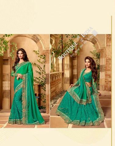 Sarees - Turquoise Blue, Green And Golden Stunning Bridal Designer Collections - Wedding / Party / Bridal - Boutique4India Inc.