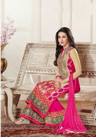 Heavy Work Designer Wedding Collection - Hot Pink, Ivory And Golden Grand And Graceful Heavy Embroidery And Lace Work Unique Collection For Party / Wedding / Festival / Special Occasion - Ready to Stitch - Boutique4India Inc.