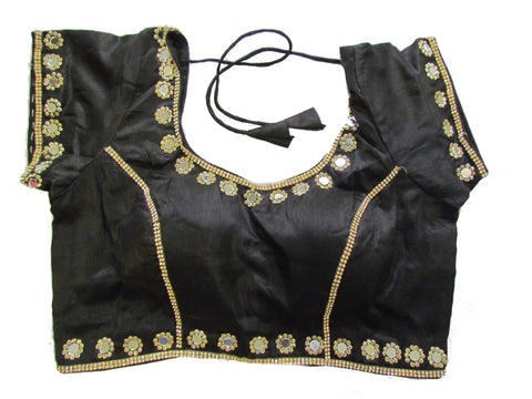 Black dupion silk brocade padded mirror work blouse