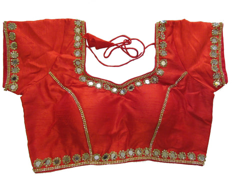 Maroon dupion silk brocade padded mirror work blouse