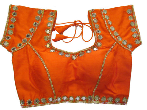 Orange dupion silk brocade padded mirror work blouse