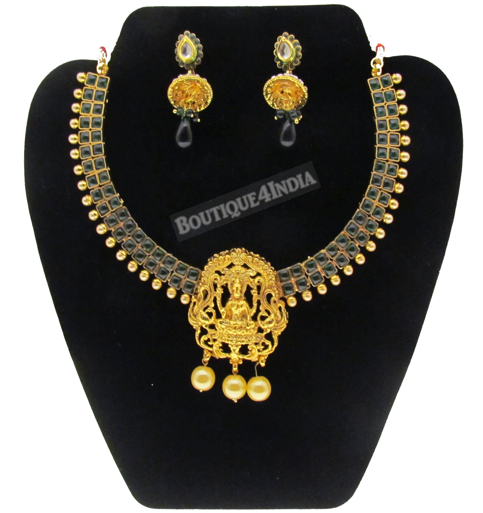 Temple and pearl  with black glass beads jewelry with earrings set