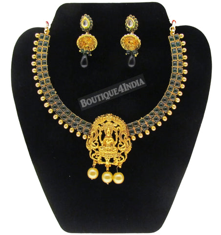 Temple and pearl  with black glass beads jewelry with earrings set