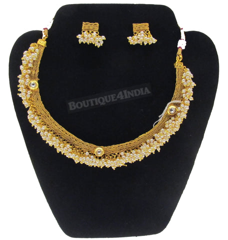 Necklace set polki pearl beads gold plated temple jewelry