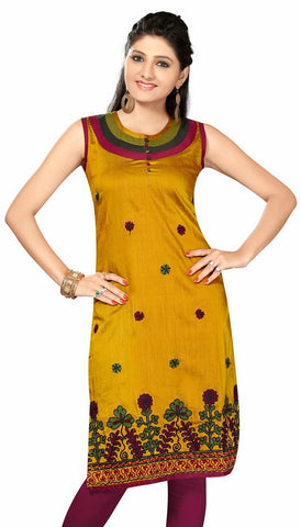 Cotton Silk kurti with nicely stitched neck in Floral Golden Color - Boutique4India Inc.
