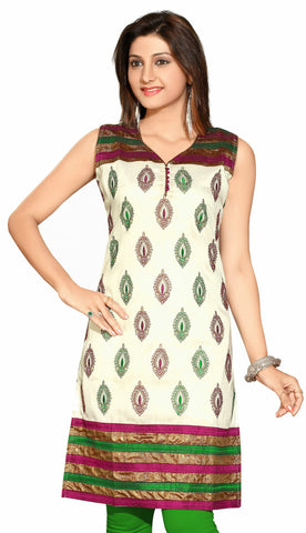 Off White Silk Fabric short sleeves kurti with Brocade work