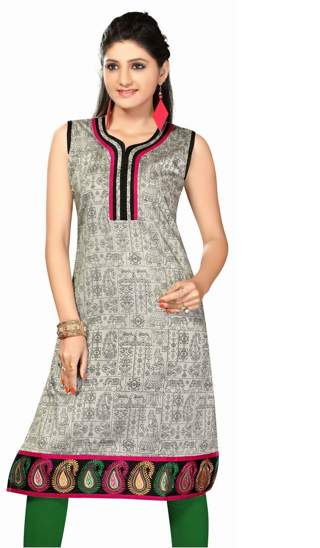 Cotton Silk Printed kurti with nice black and pink pippin on the neck - Boutique4India Inc.