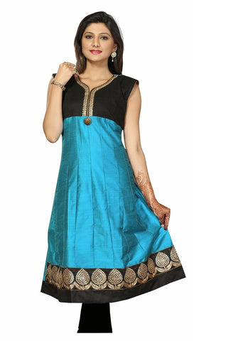 Anarkali Style Cotton Silk Short Sleeves kurti in Iris Blue - Boutique4India Inc.