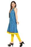 Blue Anarkali Style Short Sleeves Printed kurti with patchwork - Boutique4India Inc.