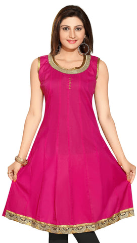 Party Wear/Semi Party Wear Short Sleeves Cotton Kurti in Pink Color