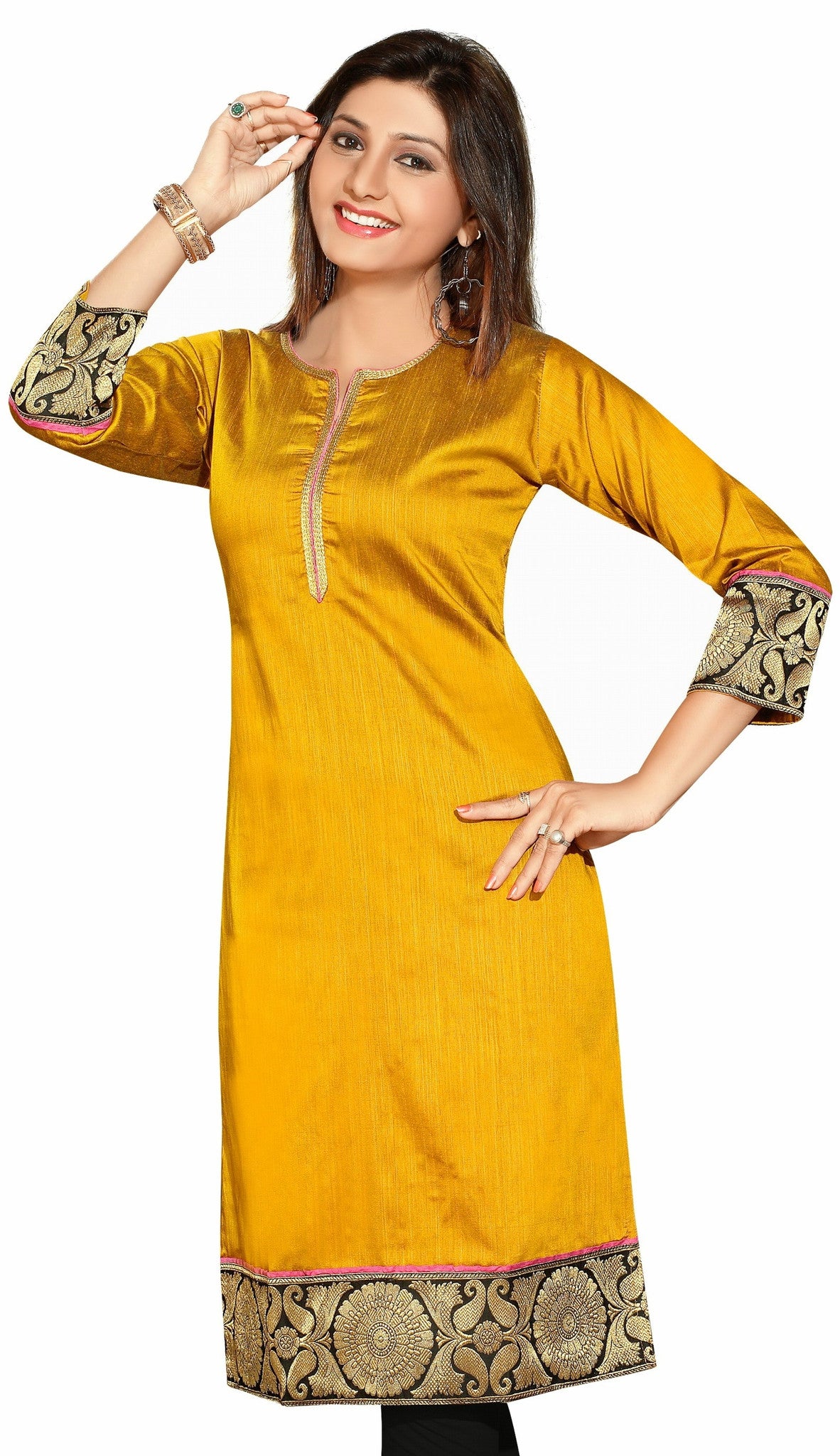 Marvelous Exotic Mustard Color Cotton Silk 3/4th Sleeves kurti - Boutique4India Inc.