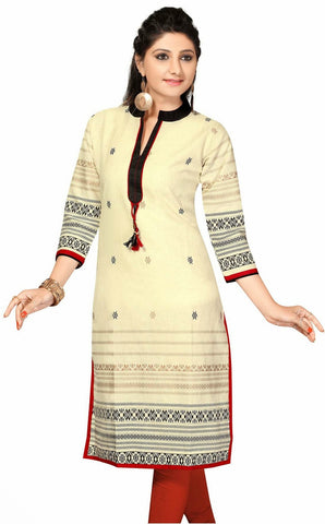 Off white and Black Printed Long Khadi Chinese collar Kurti