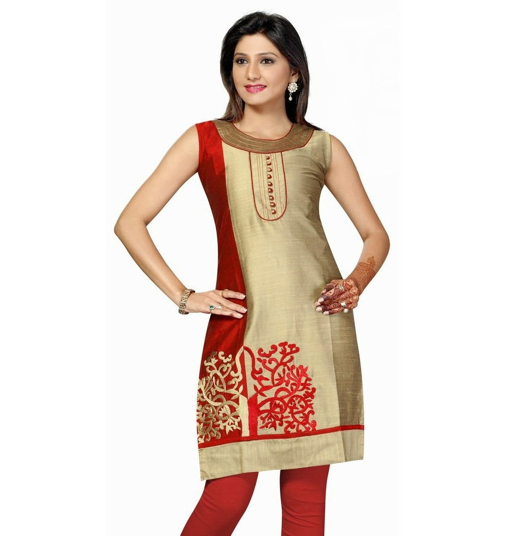 Golden and Maroon two tone color round neck Cotton Silk kurti - Boutique4India Inc.