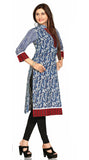 Cotton Printed Blue Kurti with attractive collar and neck design - Boutique4India Inc.
