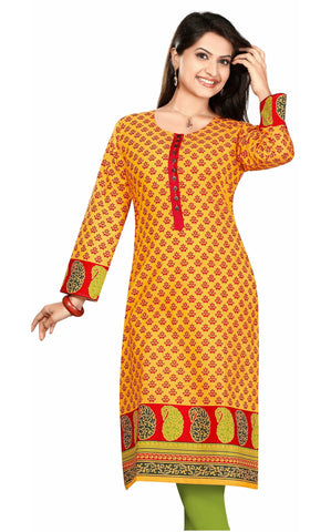 Orange 3/4th Sleeves Cotton Printed Kurti with Printed Border