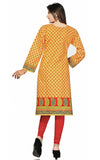 Orange 3/4th Sleeves Cotton Printed Kurti with Printed Border