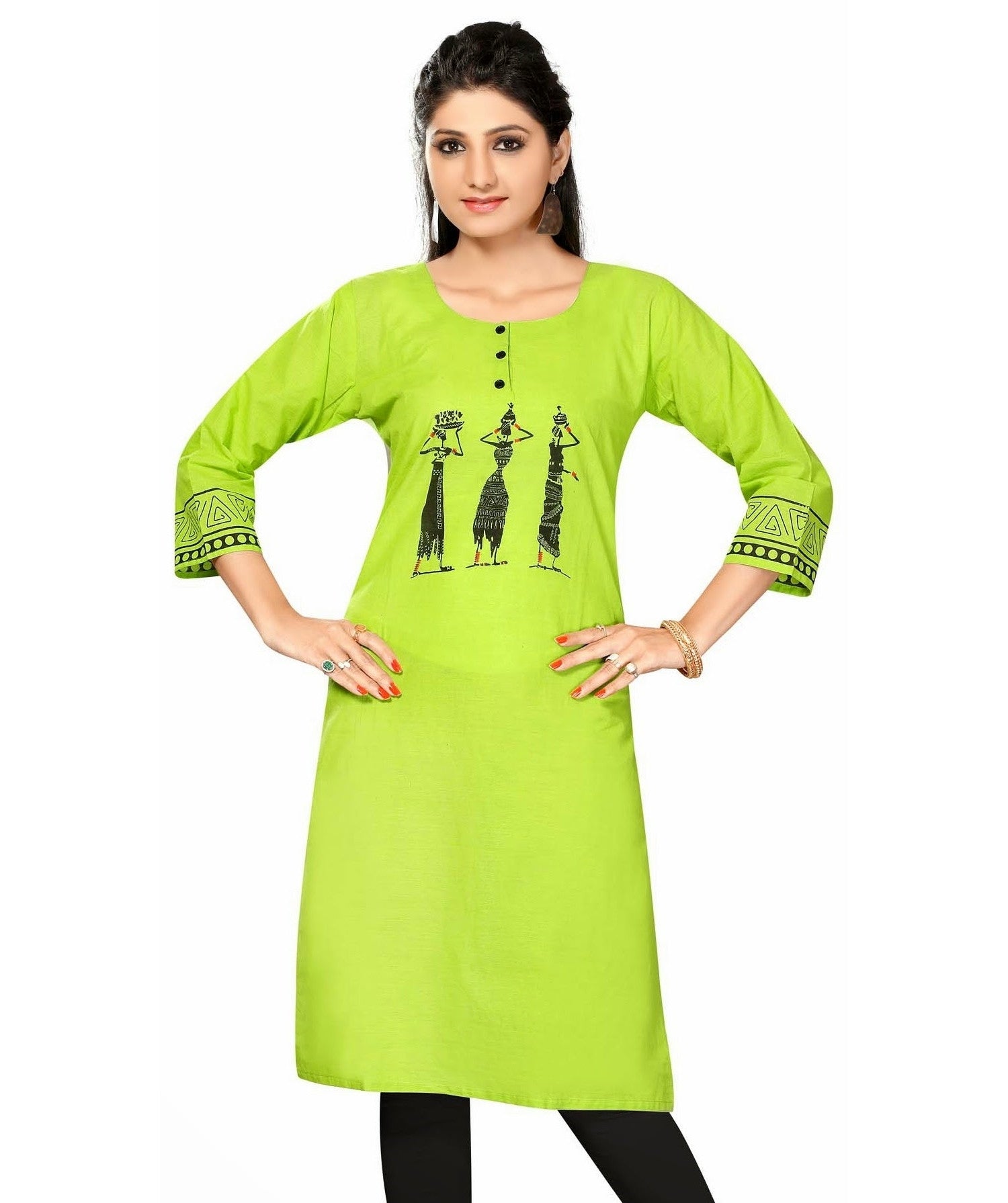 Neon Green Cotton 3/4th Sleeves kurti with beautiful print on the sleeves - Boutique4India Inc.