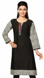 Black Cotton Jacquard 3/4th sleeves Kurti with multi color neck - Boutique4India Inc.