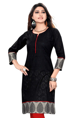 Cotton Jacquard fabric round neck 3/4th sleeves kurti with grey printed patch - Boutique4India Inc.