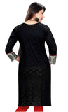 Cotton Jacquard fabric round neck 3/4th sleeves kurti with grey printed patch - Boutique4India Inc.