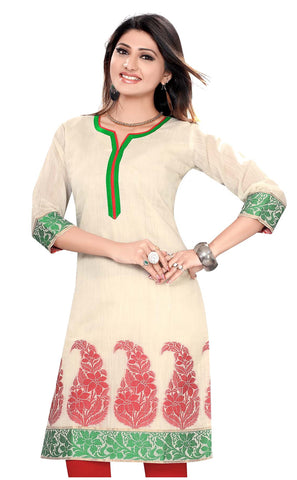 Off White Chanderi 3/4th Sleeves Kurti with Green flowery work