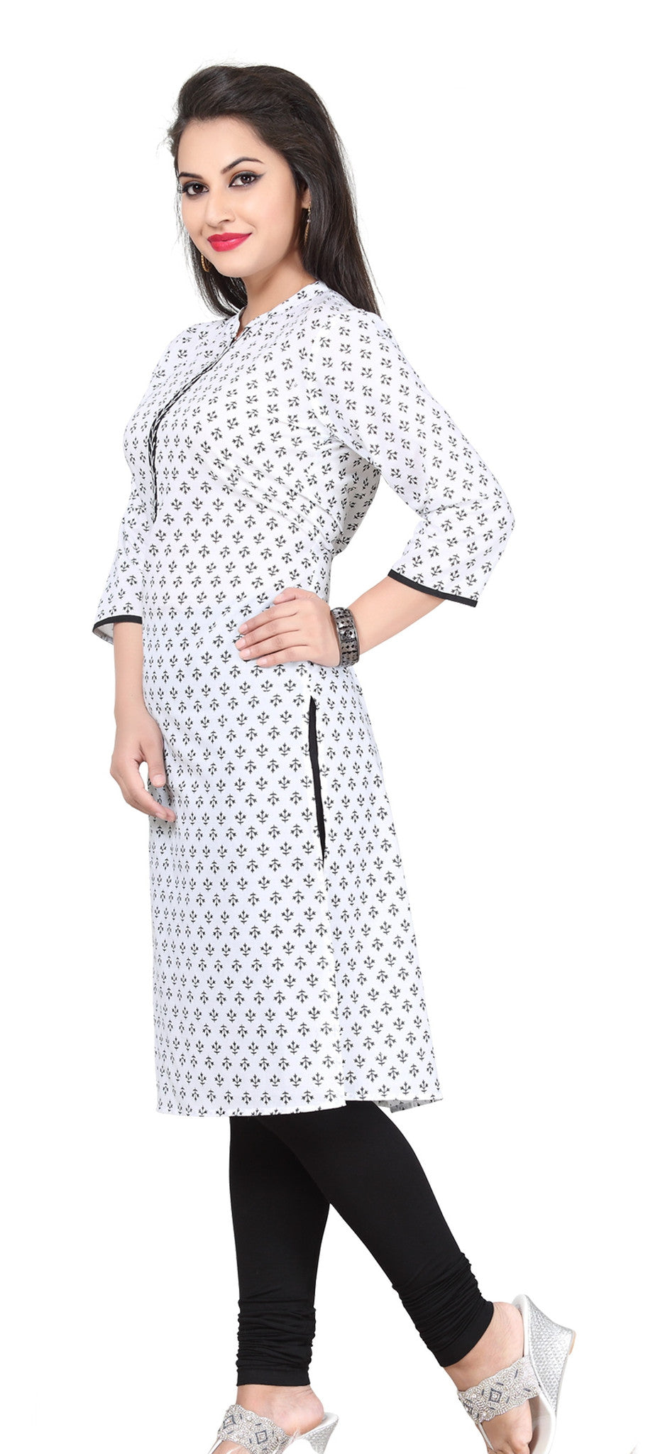 Women White Rayon Kurti Ethnic Kurta Legging Stretchable Black Bottom Suit  Dress | eBay