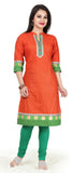 Designer cotton Kurti in Orange and green and golden printed Border - Boutique4India Inc.