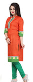 Designer cotton Kurti in Orange and green and golden printed Border - Boutique4India Inc.
