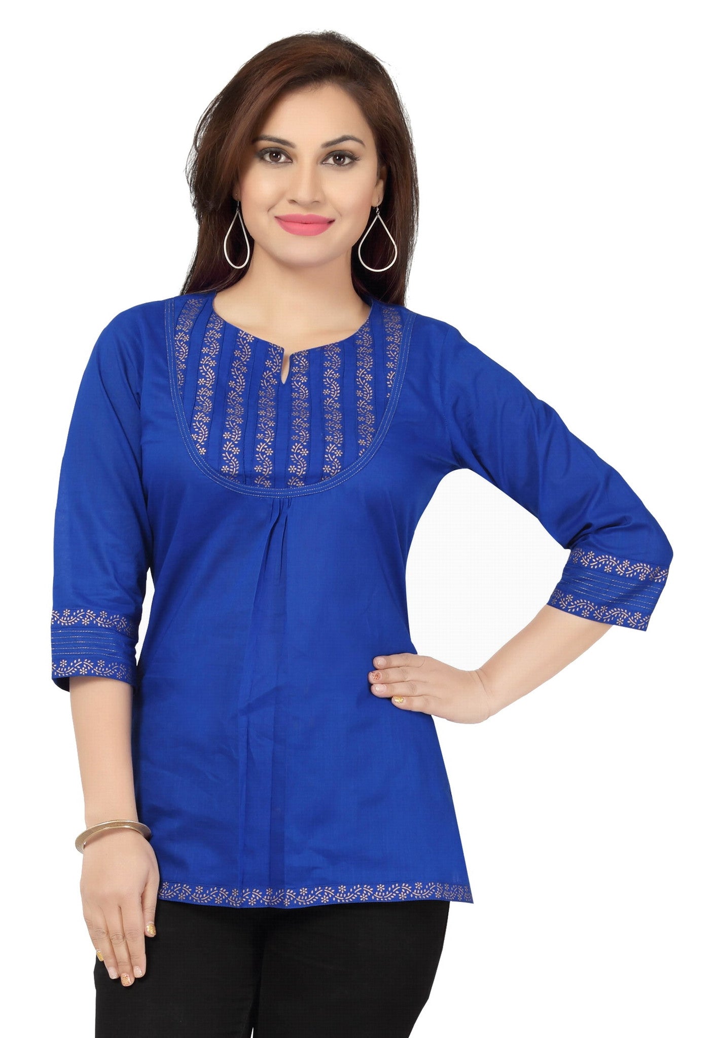 Blue printed cotton designer tunic for women with round neck - Boutique4India Inc.