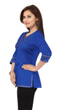 Blue printed cotton designer tunic for women with round neck - Boutique4India Inc.