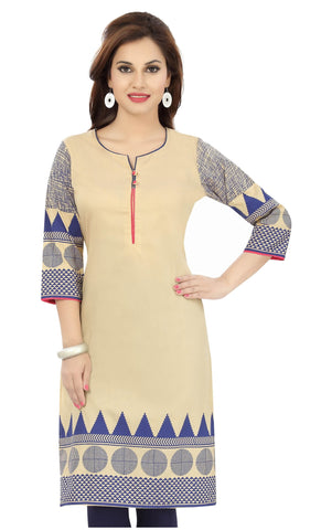 Beige blue long cotton tunic with designer prints - Boutique4India Inc.
