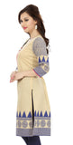 Beige blue long cotton tunic with designer prints - Boutique4India Inc.