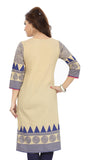 Beige blue long cotton tunic with designer prints - Boutique4India Inc.