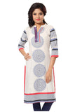 Charismatic chakra off white and blue printed cotton long kurti - Boutique4India Inc.