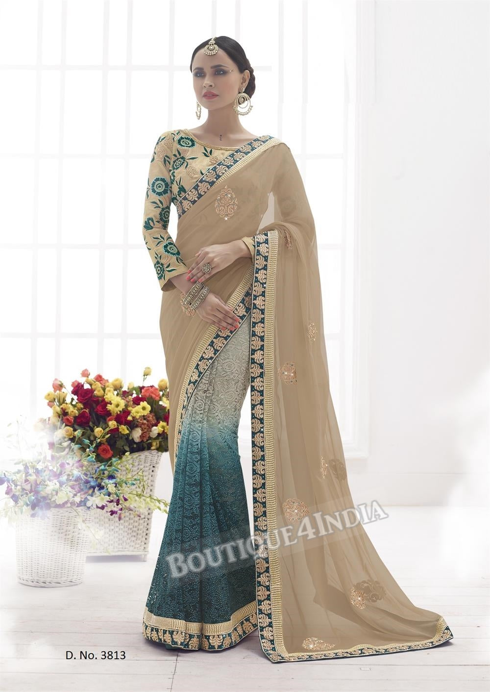Sarees - Chickoo and sea green Heavy work