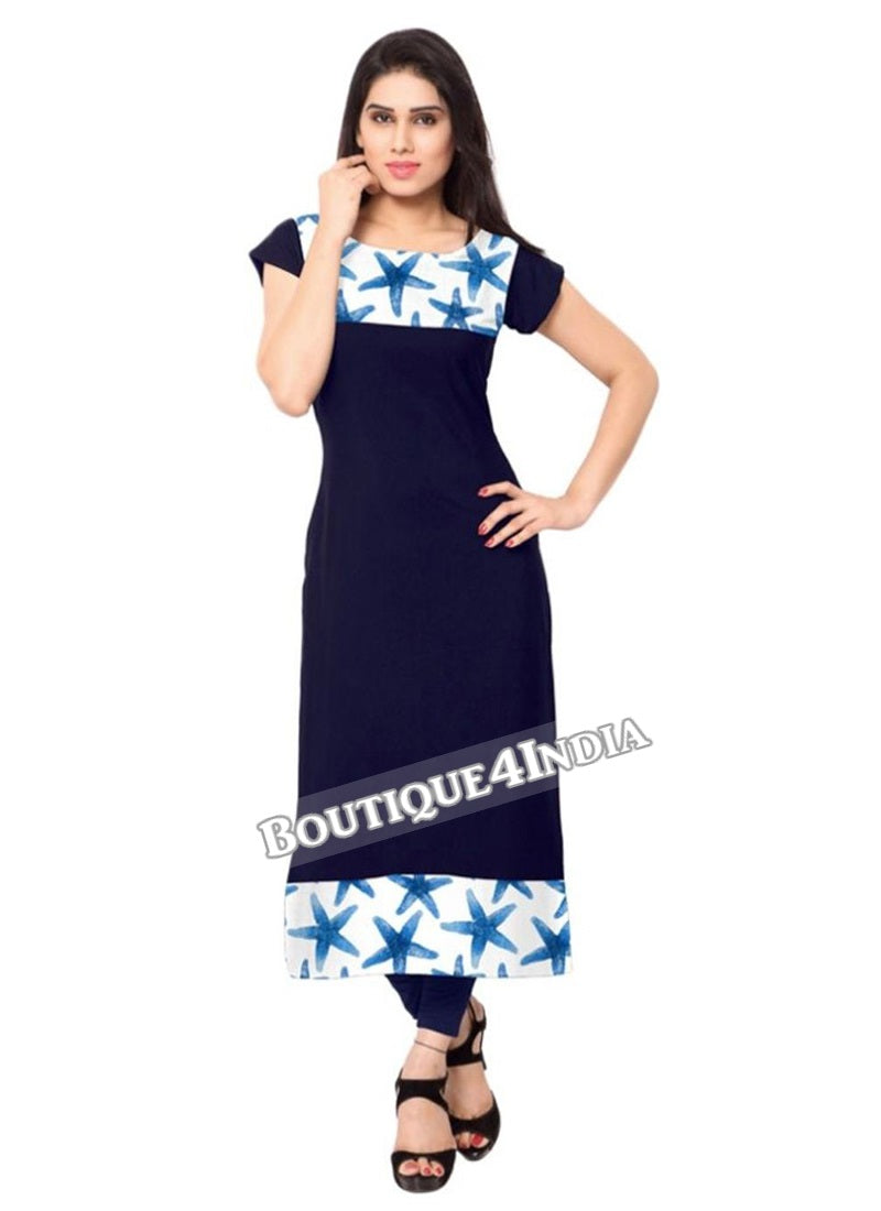 Navy and light blue Crepe Casual wear Printed Kurti