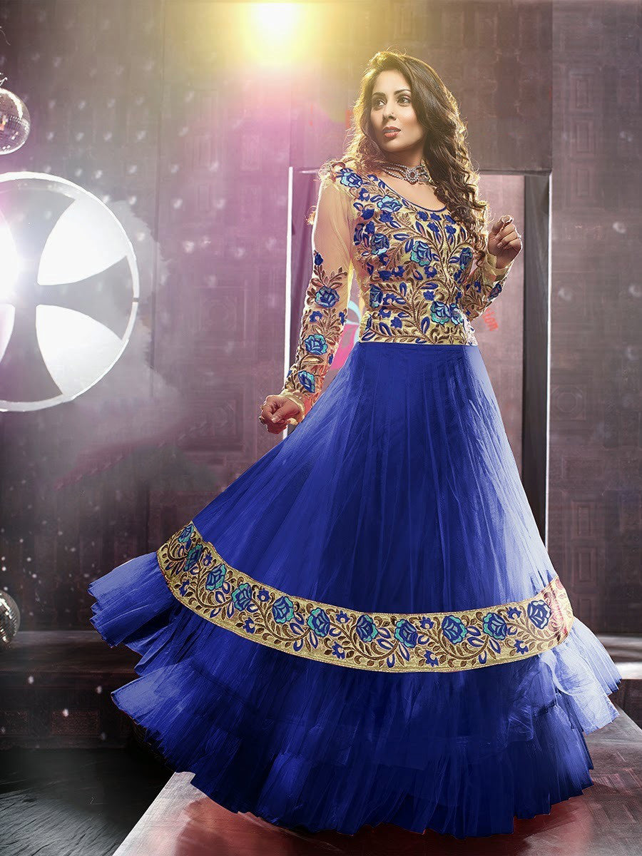 Net Long Salwar - Royal Blue And Ivory Unique Long Net And Embroidery Work Gorgeous Salwar Collection - Boutique4India Inc.