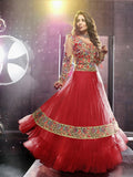 Net Long Salwar - Ruby Red, Turquoise And Golden Unique Long Net And Embroidery Work Gorgeous Salwar Collection - Boutique4India Inc.